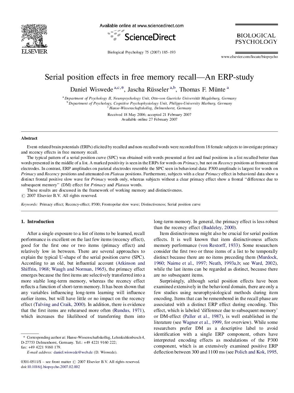 Serial position effects in free memory recall—An ERP-study