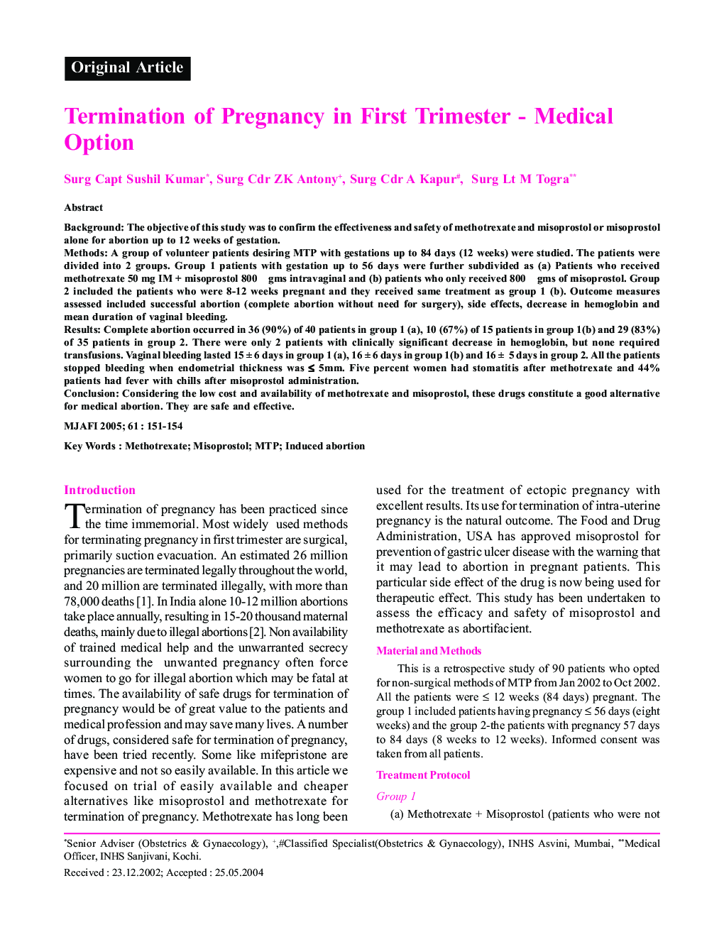 Termination of Pregnancy in First Trimester - Medical Option