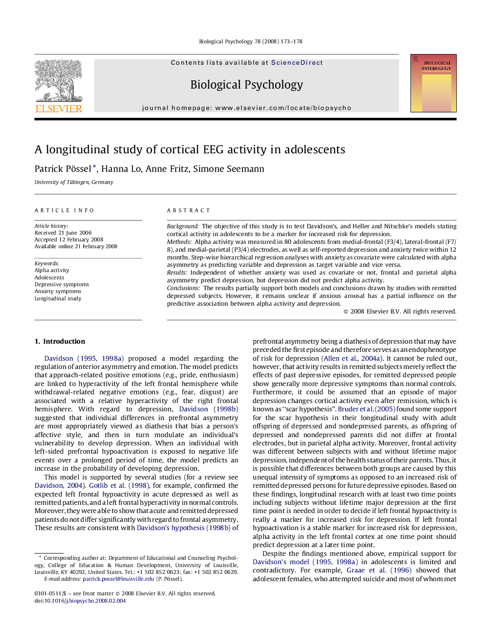 A longitudinal study of cortical EEG activity in adolescents