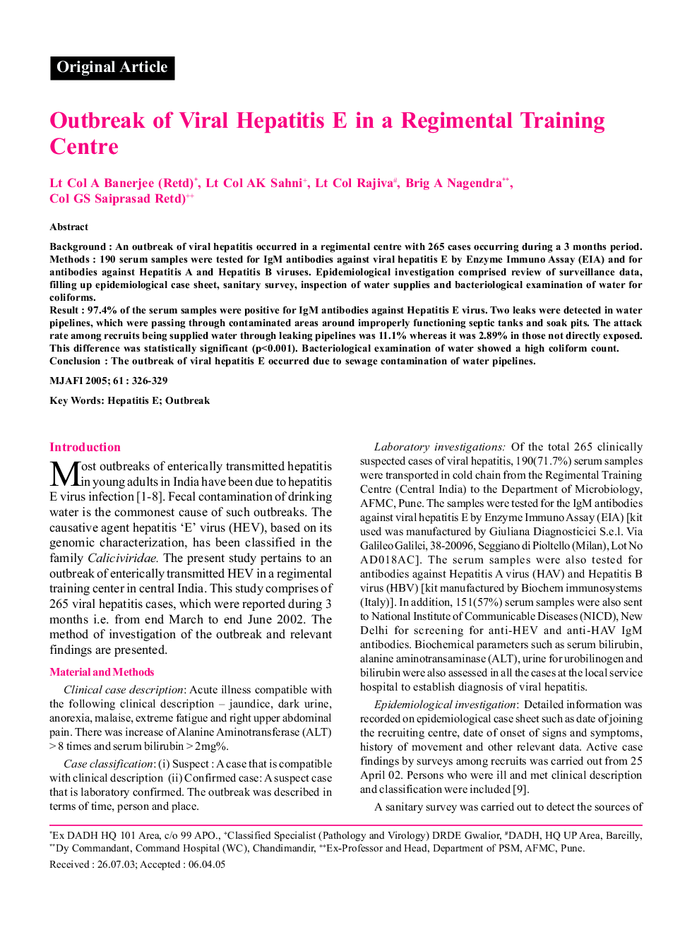 Outbreak of Viral Hepatitis E in a Regimental Training Centre