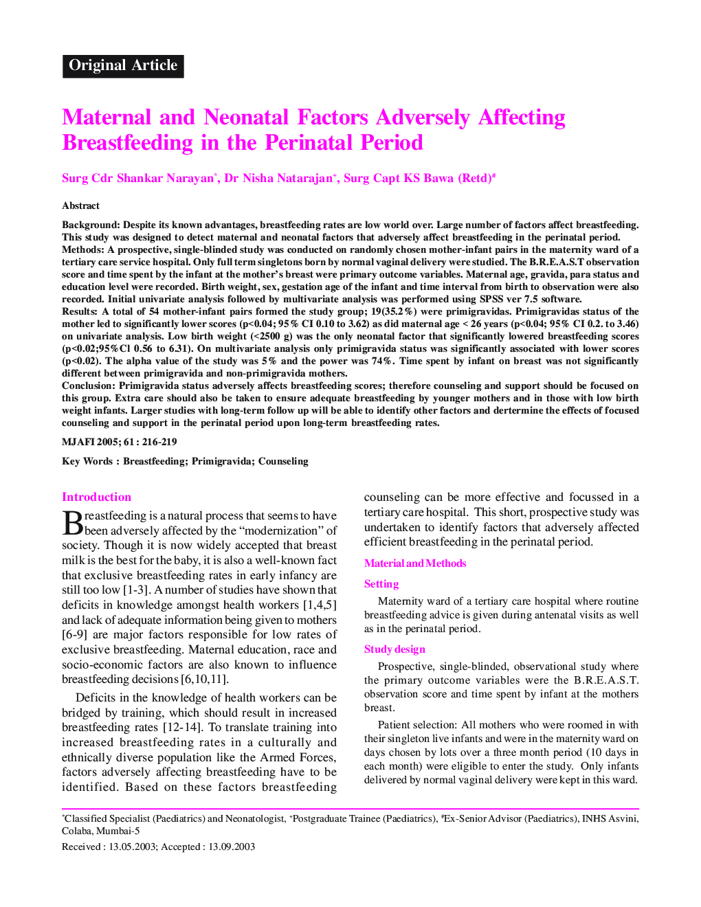 Maternal and Neonatal Factors Adversely Affecting Breastfeeding in the Perinatal Period