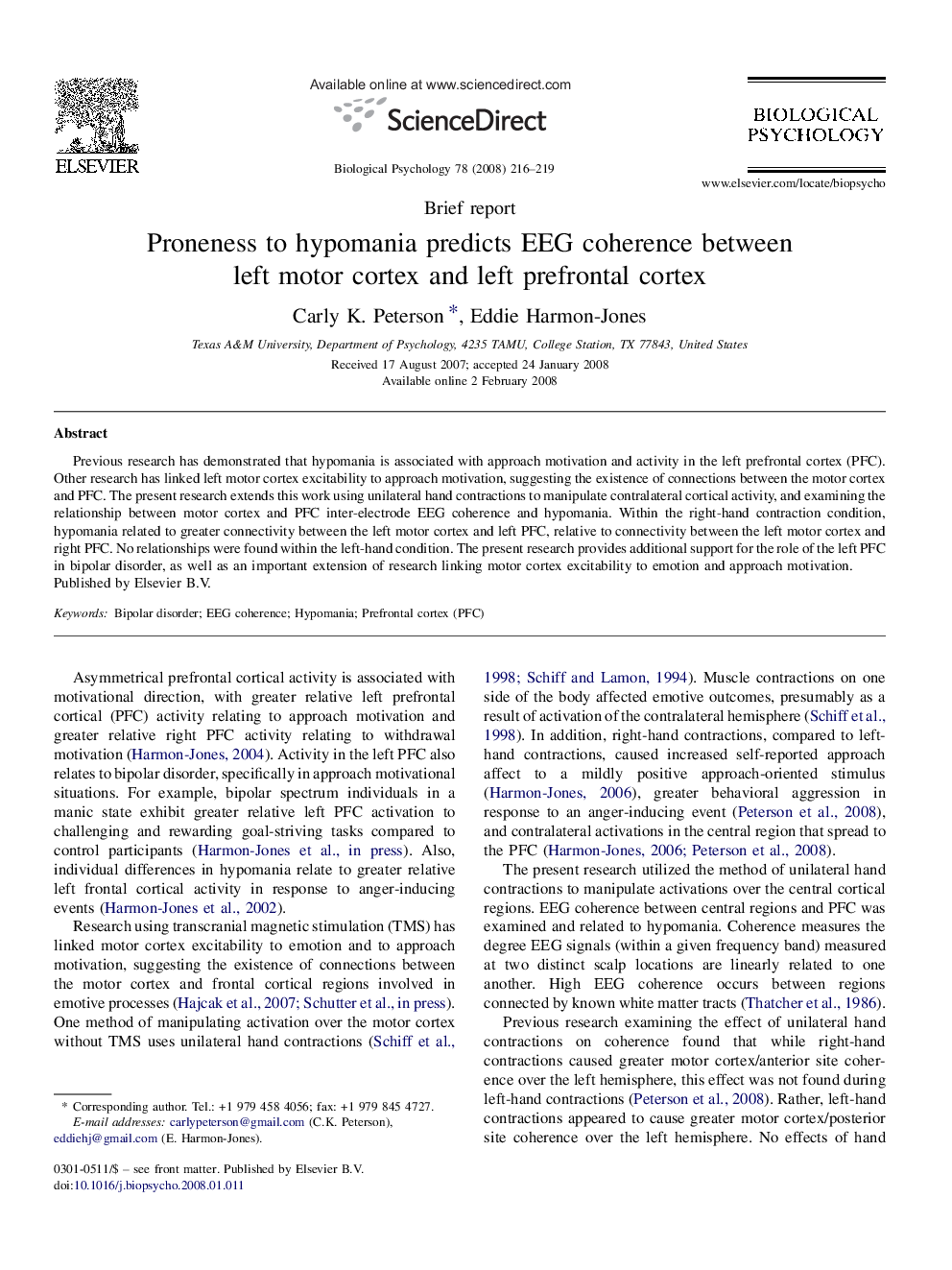 Proneness to hypomania predicts EEG coherence between left motor cortex and left prefrontal cortex