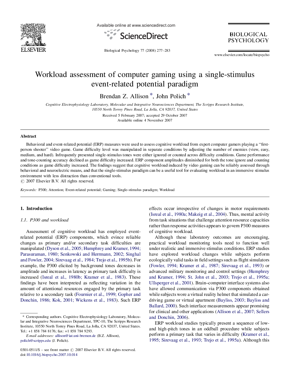 Workload assessment of computer gaming using a single-stimulus event-related potential paradigm