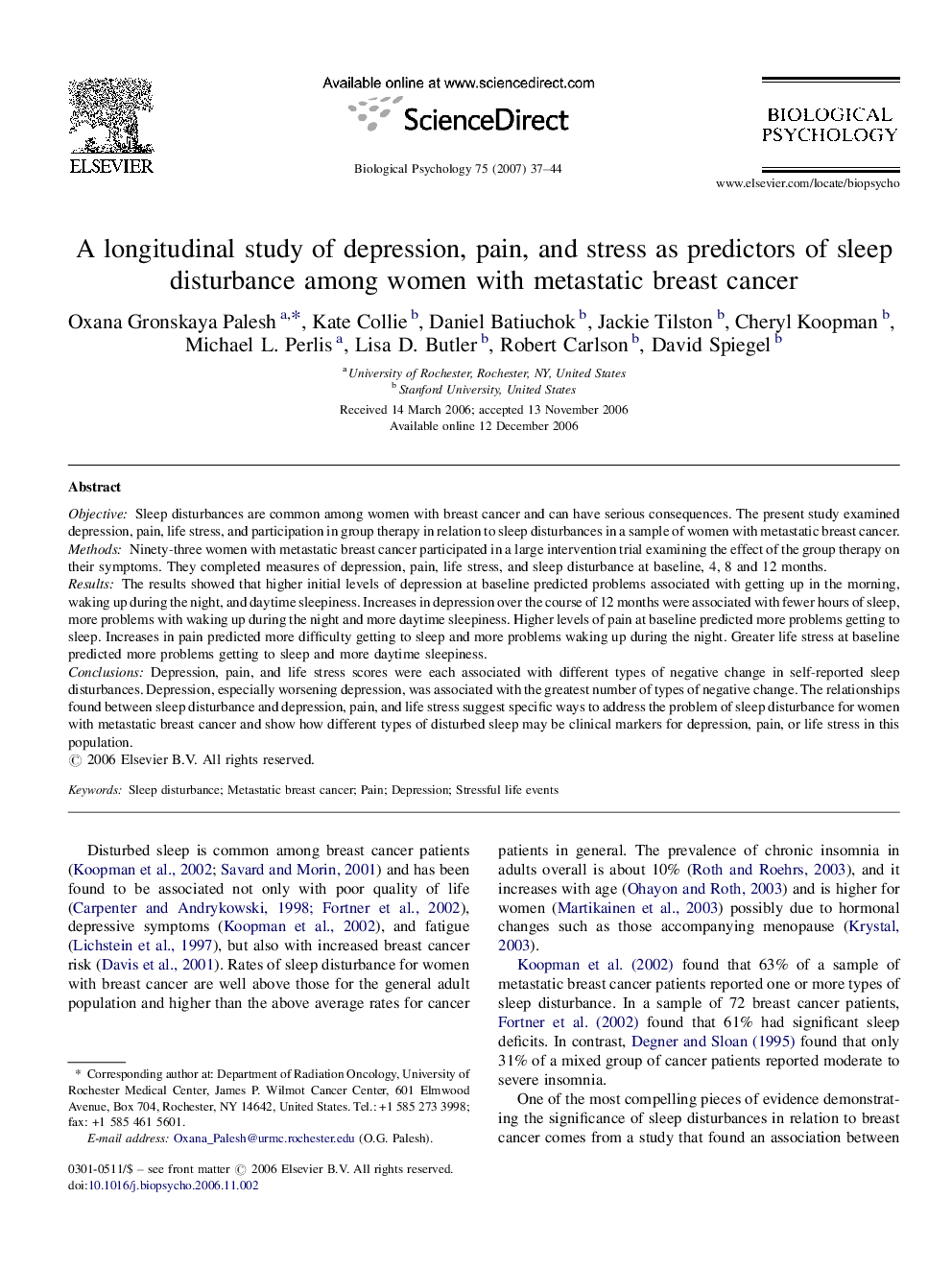 A longitudinal study of depression, pain, and stress as predictors of sleep disturbance among women with metastatic breast cancer