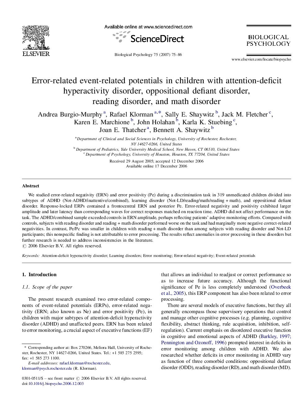 Error-related event-related potentials in children with attention-deficit hyperactivity disorder, oppositional defiant disorder, reading disorder, and math disorder