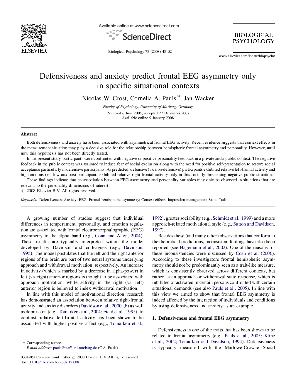 Defensiveness and anxiety predict frontal EEG asymmetry only in specific situational contexts