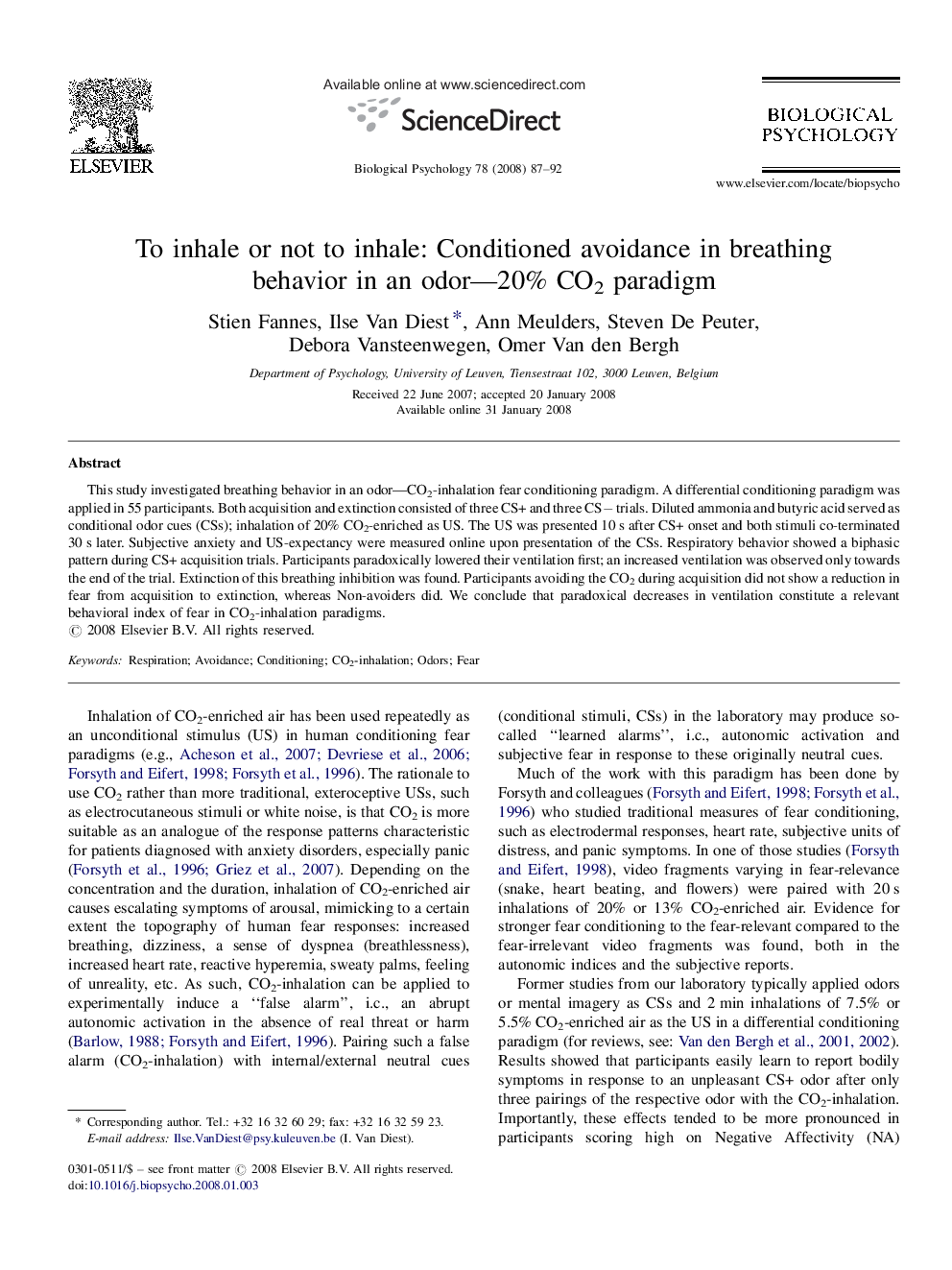 To inhale or not to inhale: Conditioned avoidance in breathing behavior in an odor—20% CO2 paradigm