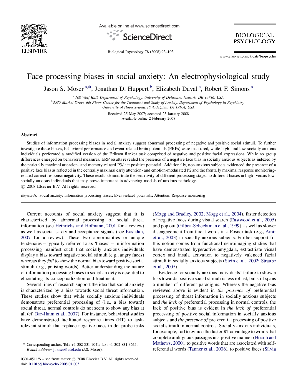 Face processing biases in social anxiety: An electrophysiological study