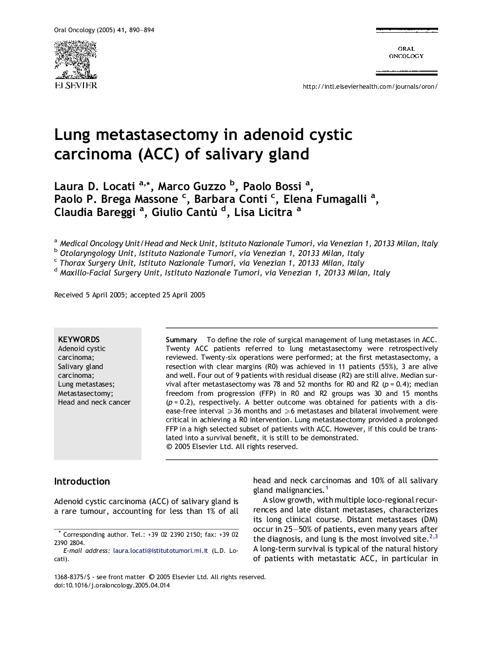 Lung metastasectomy in adenoid cystic carcinoma (ACC) of salivary gland