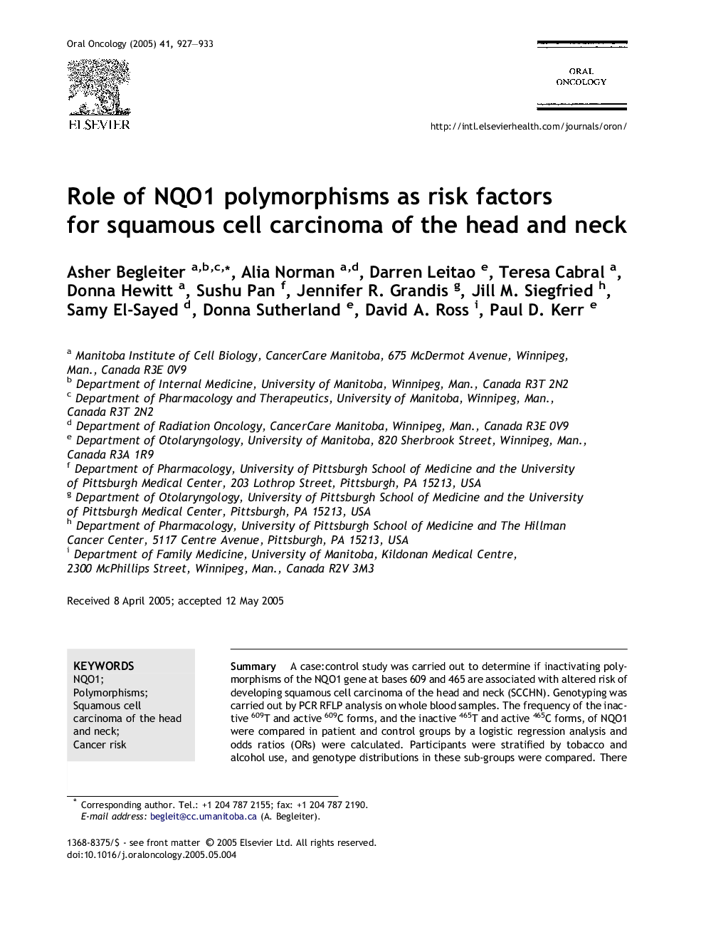 Role of NQO1 polymorphisms as risk factors for squamous cell carcinoma of the head and neck