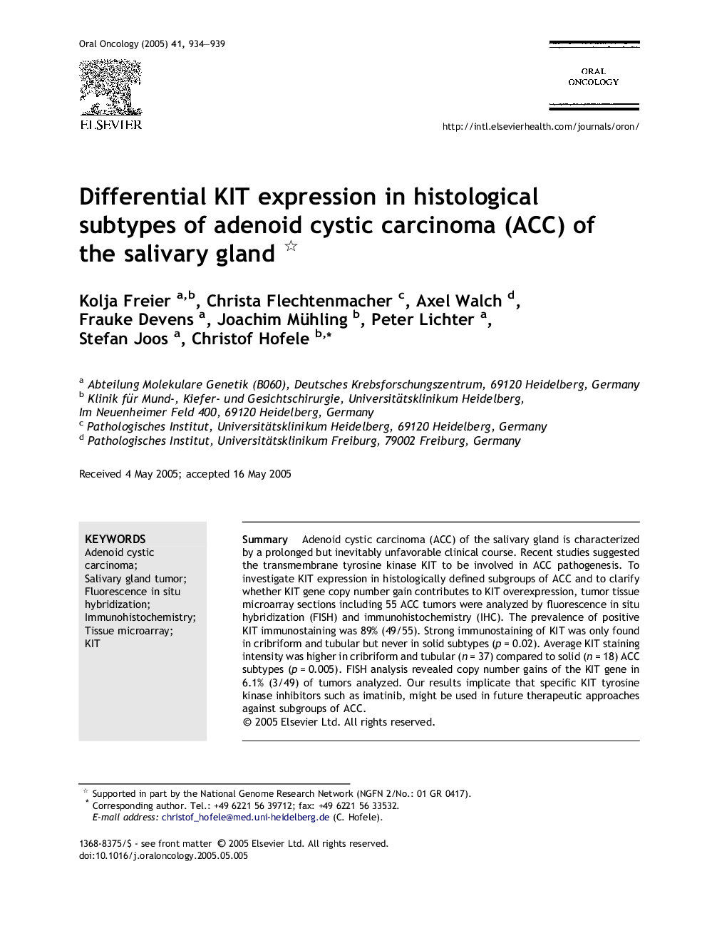 Differential KIT expression in histological subtypes of adenoid cystic carcinoma (ACC) of the salivary gland