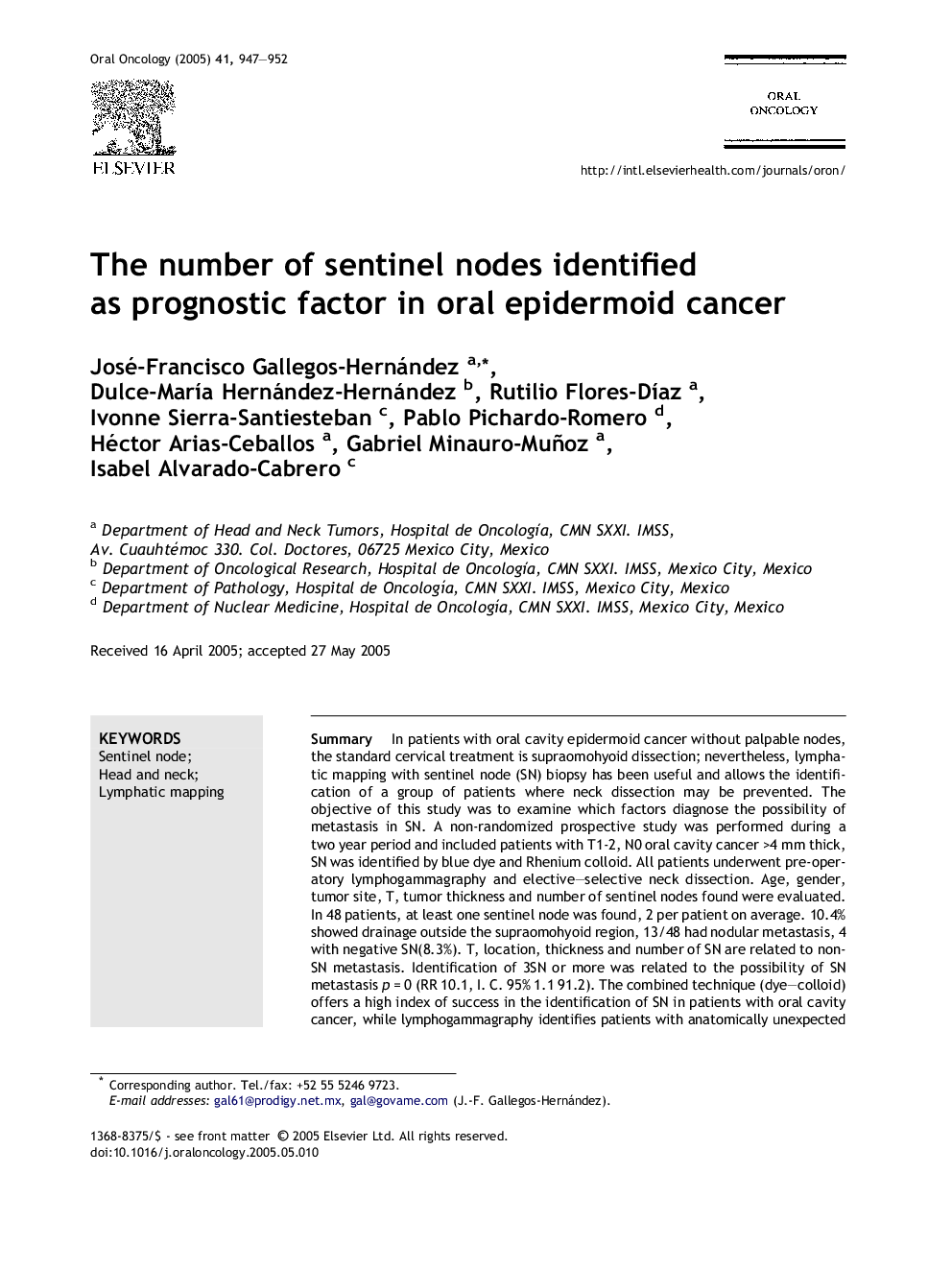 عکس صفحه اول مقاله: The number of sentinel nodes identified as prognostic factor in oral epidermoid cancer The number of sentinel nodes identified as prognostic factor in oral epidermoid cancer