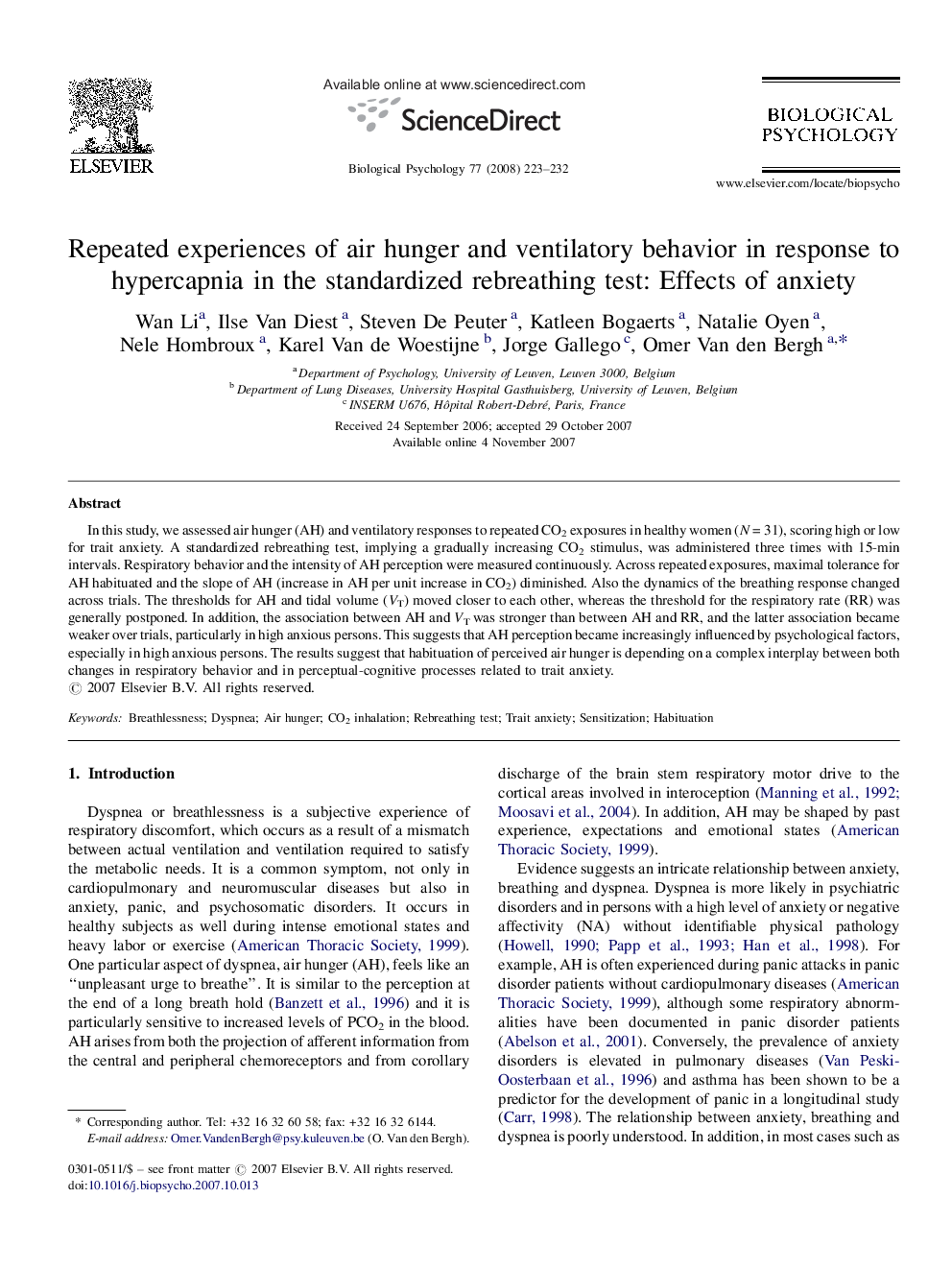 Repeated experiences of air hunger and ventilatory behavior in response to hypercapnia in the standardized rebreathing test: Effects of anxiety