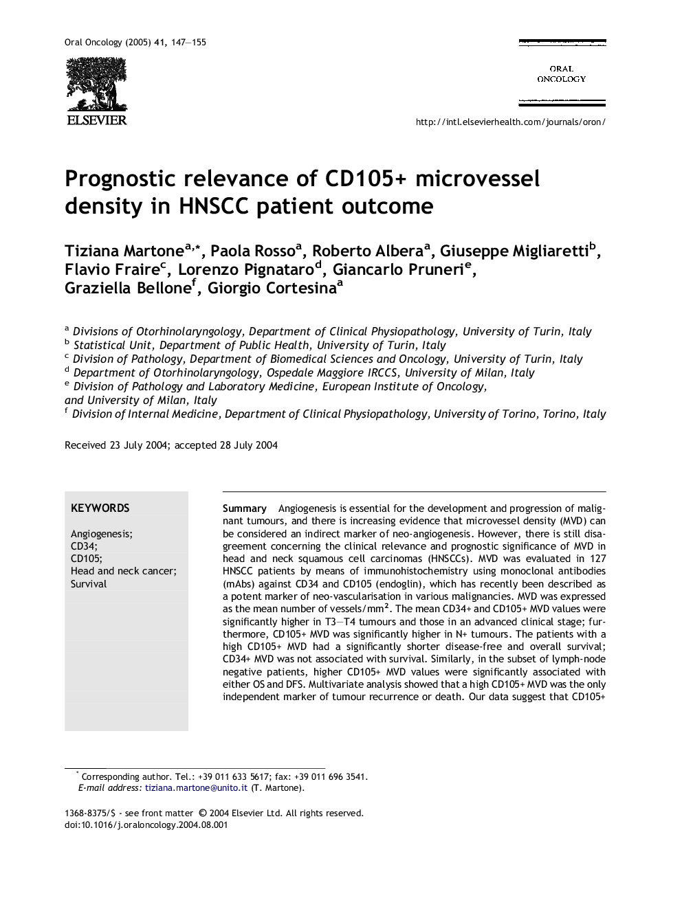 Prognostic relevance of CD105+ microvessel density in HNSCC patient outcome