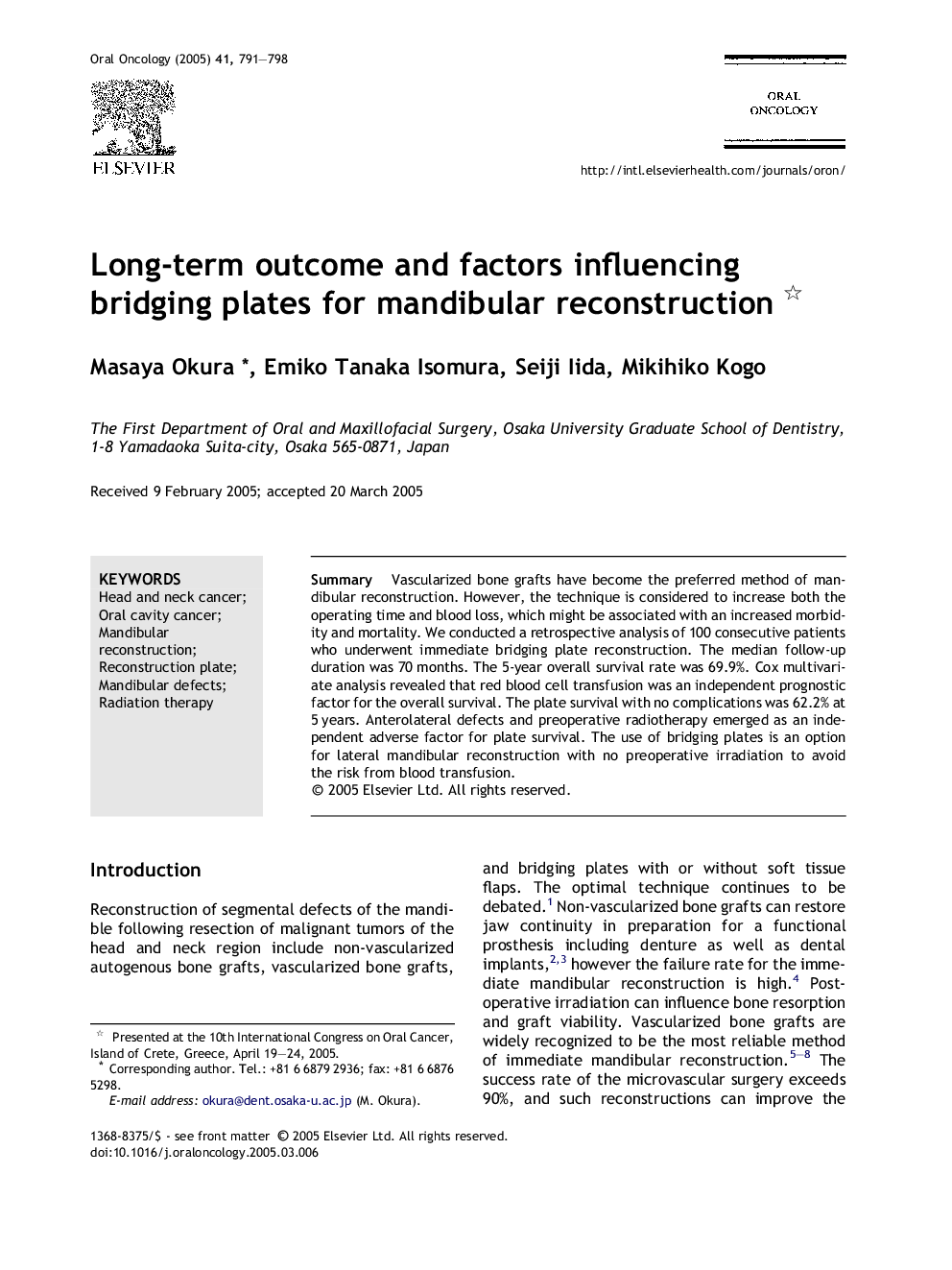 Long-term outcome and factors influencing bridging plates for mandibular reconstruction