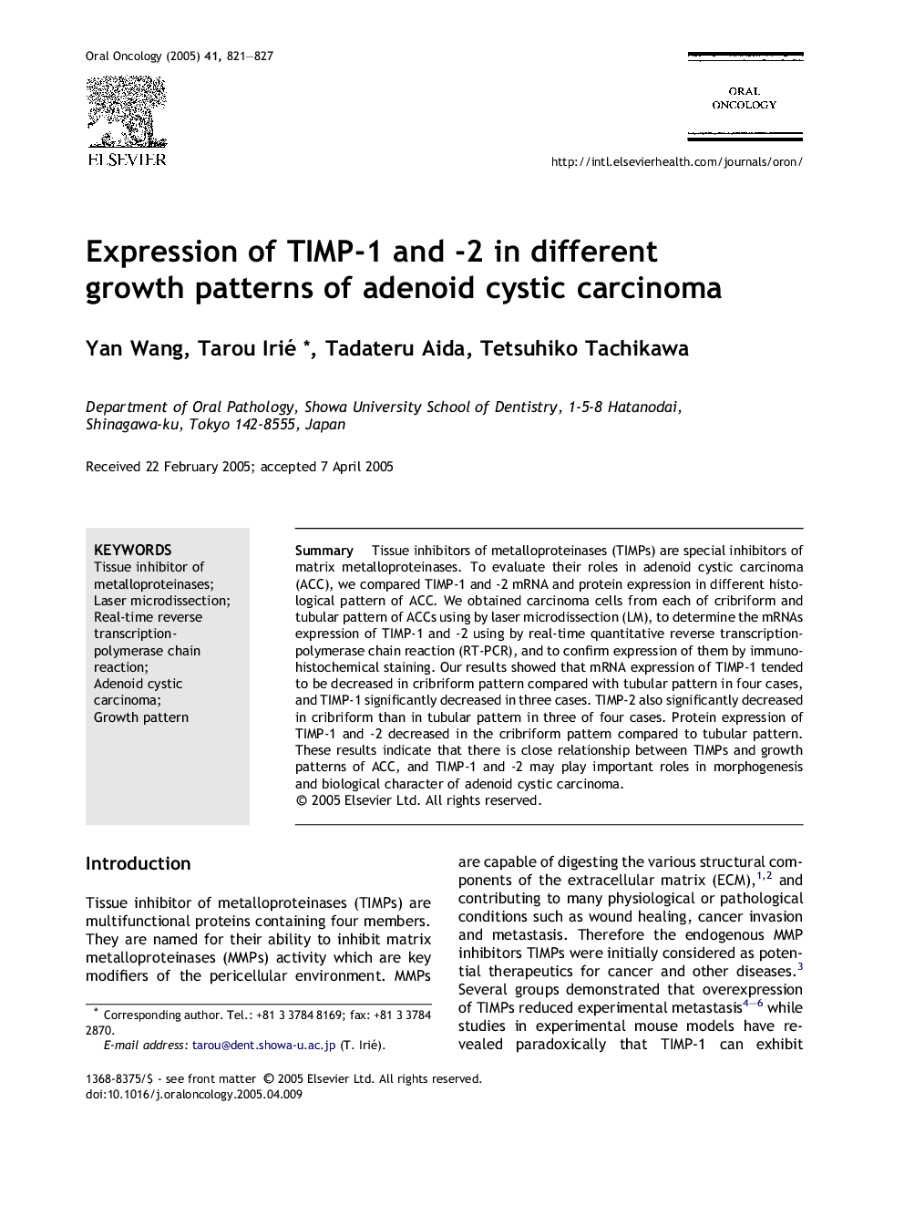Expression of TIMP-1 and -2 in different growth patterns of adenoid cystic carcinoma
