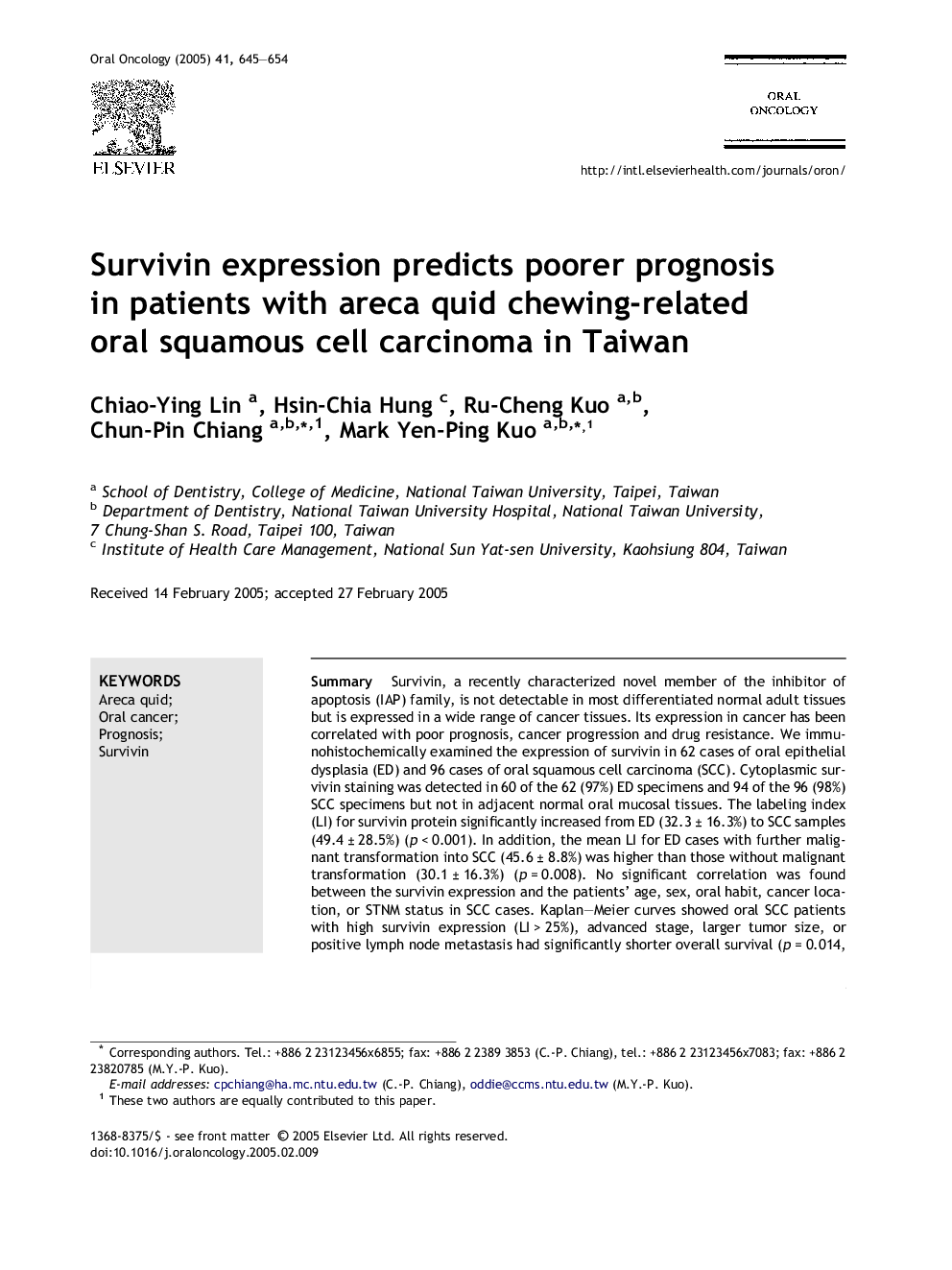 Survivin expression predicts poorer prognosis in patients with areca quid chewing-related oral squamous cell carcinoma in Taiwan