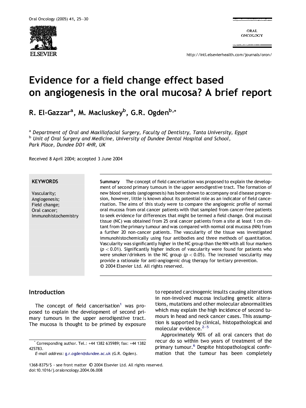 Evidence for a field change effect based on angiogenesis in the oral mucosa? A brief report