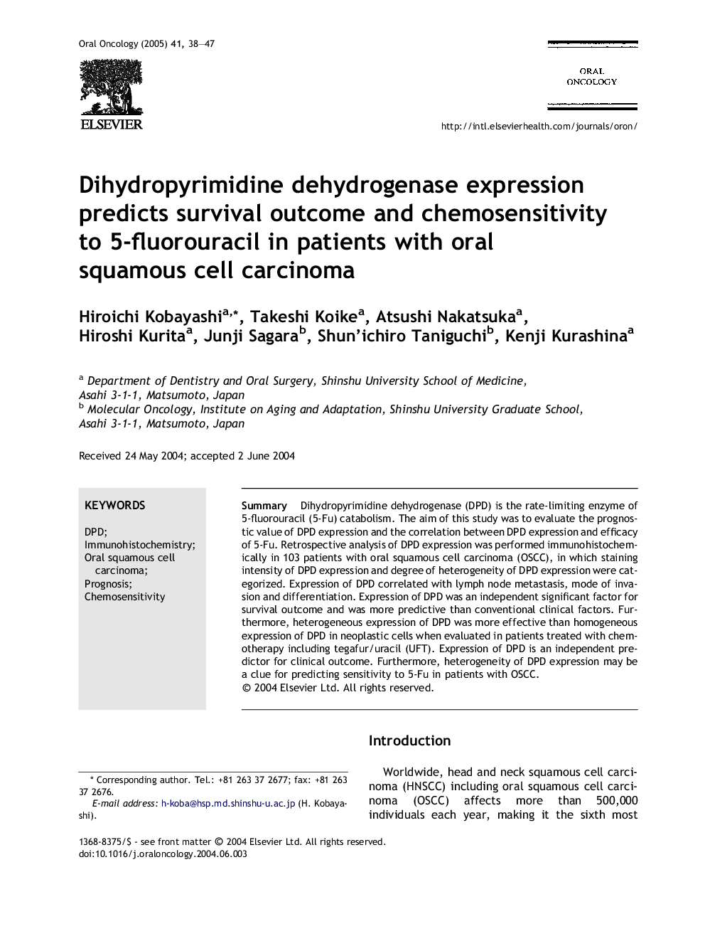 Dihydropyrimidine dehydrogenase expression predicts survival outcome and chemosensitivity to 5-fluorouracil in patients with oral squamous cell carcinoma