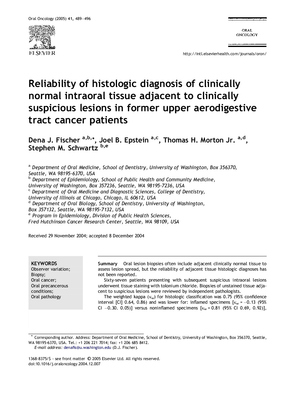 Reliability of histologic diagnosis of clinically normal intraoral tissue adjacent to clinically suspicious lesions in former upper aerodigestive tract cancer patients