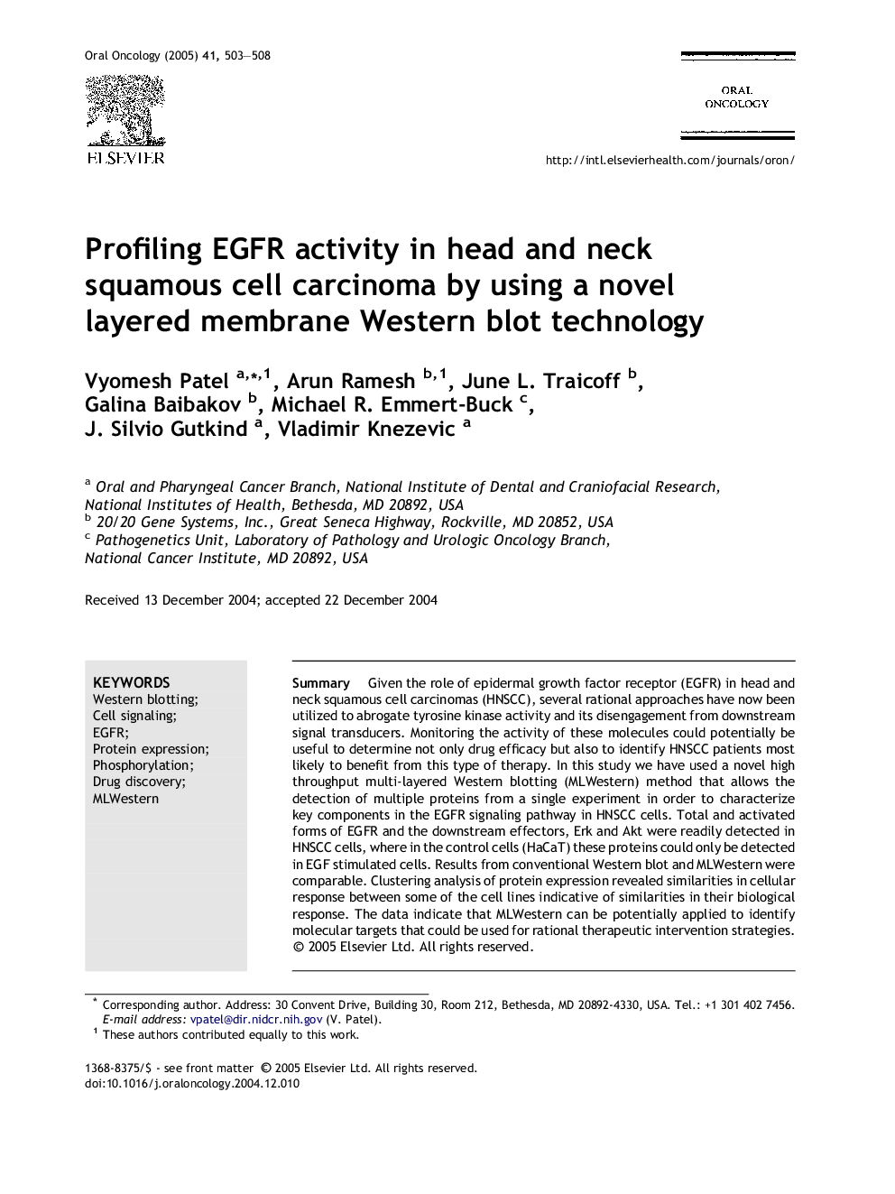 Profiling EGFR activity in head and neck squamous cell carcinoma by using a novel layered membrane Western blot technology