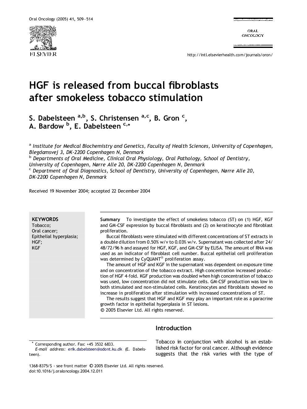 HGF is released from buccal fibroblasts after smokeless tobacco stimulation