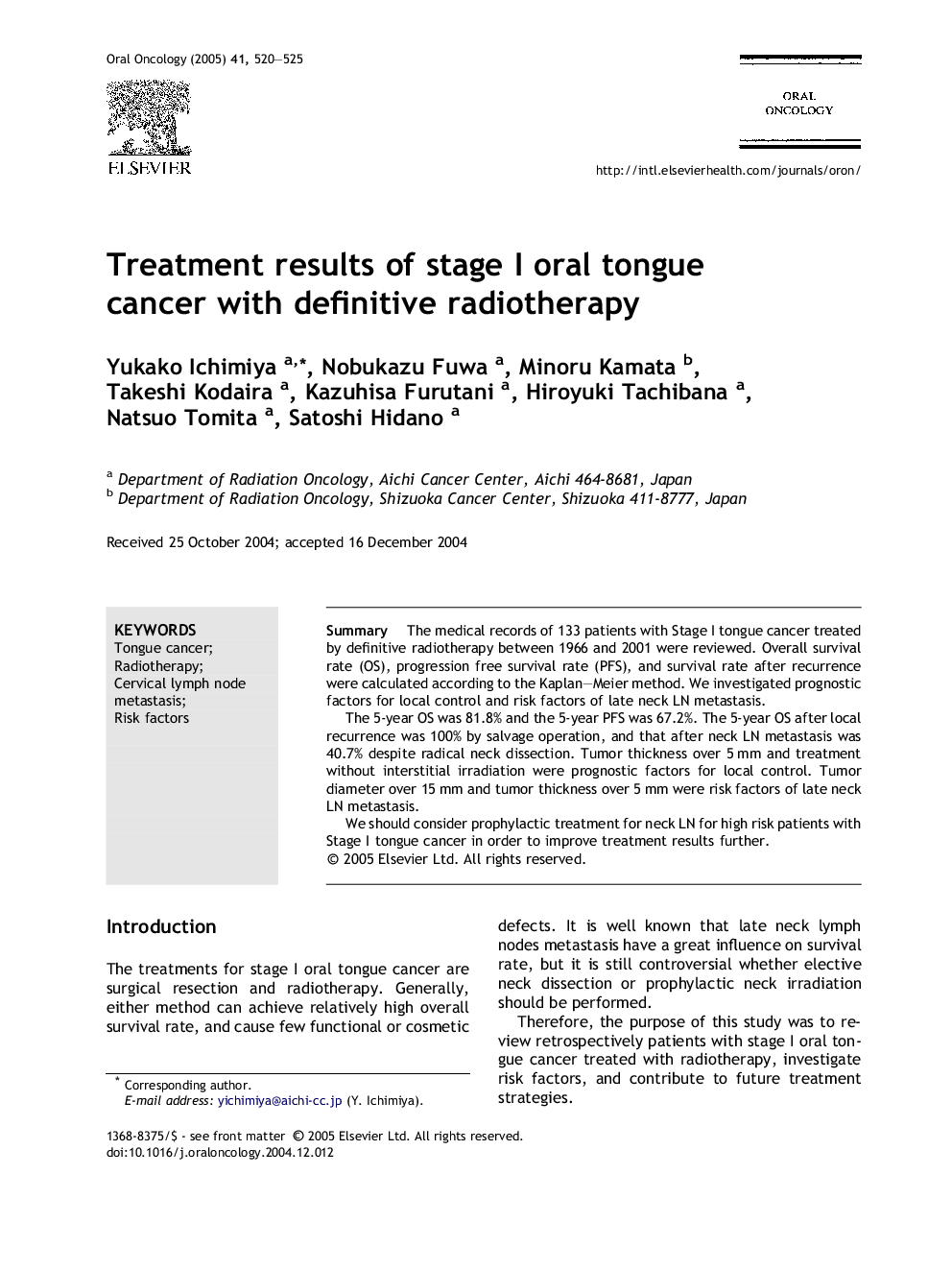 Treatment results of stage I oral tongue cancer with definitive radiotherapy