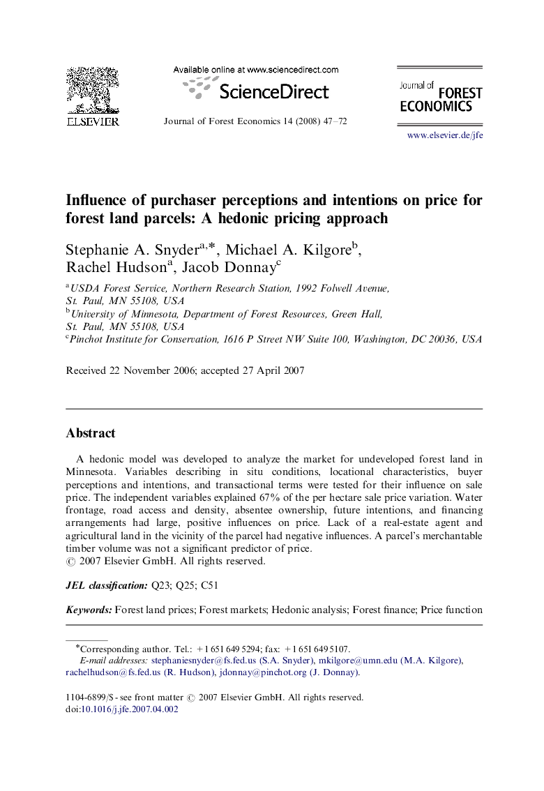 Influence of purchaser perceptions and intentions on price for forest land parcels: A hedonic pricing approach