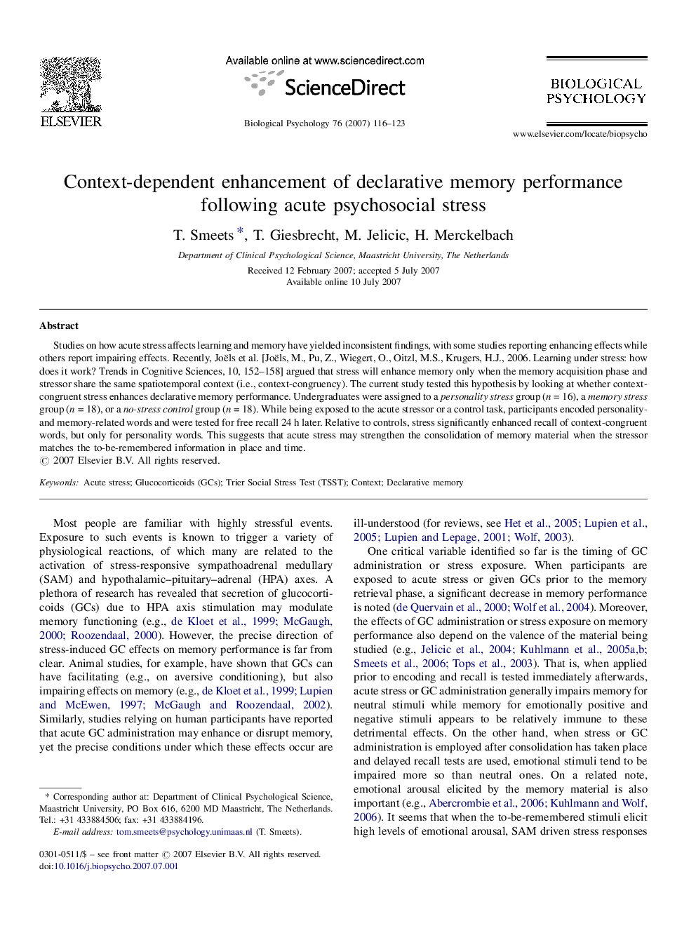 Context-dependent enhancement of declarative memory performance following acute psychosocial stress