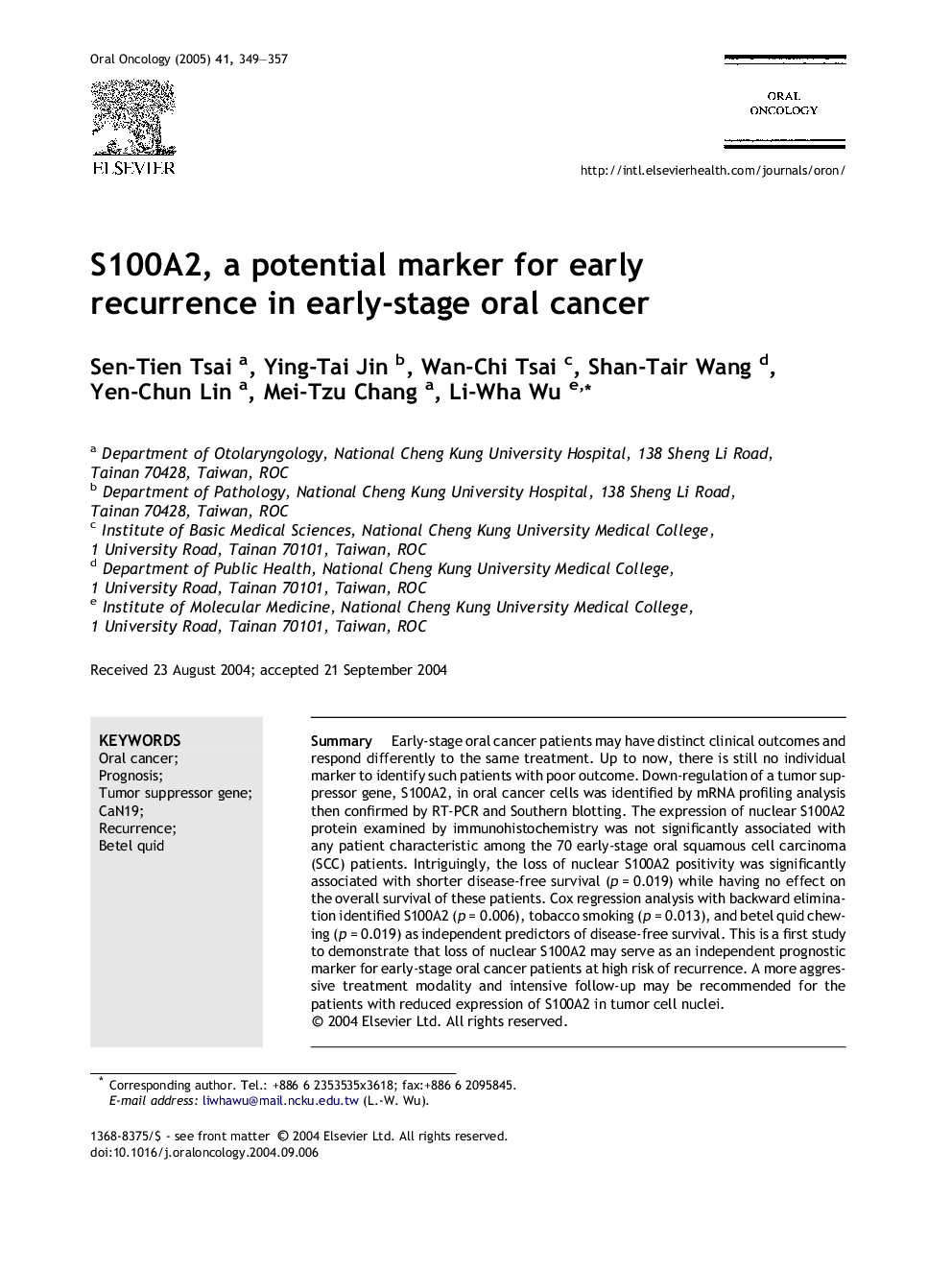 S100A2, a potential marker for early recurrence in early-stage oral cancer