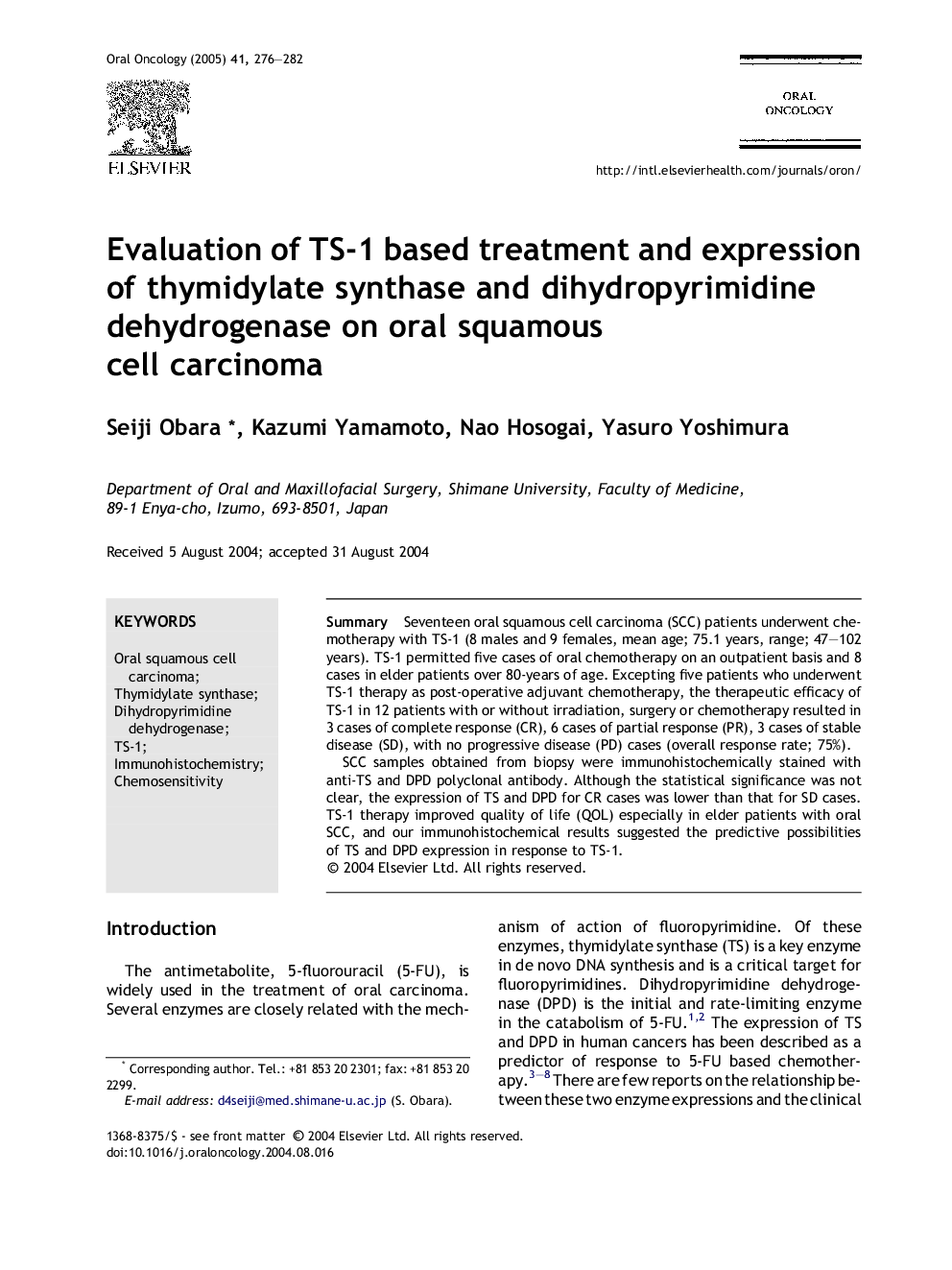 Evaluation of TS-1 based treatment and expression of thymidylate synthase and dihydropyrimidine dehydrogenase on oral squamous cell carcinoma