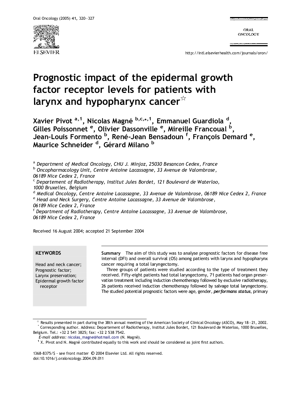 Prognostic impact of the epidermal growth factor receptor levels for patients with larynx and hypopharynx cancer