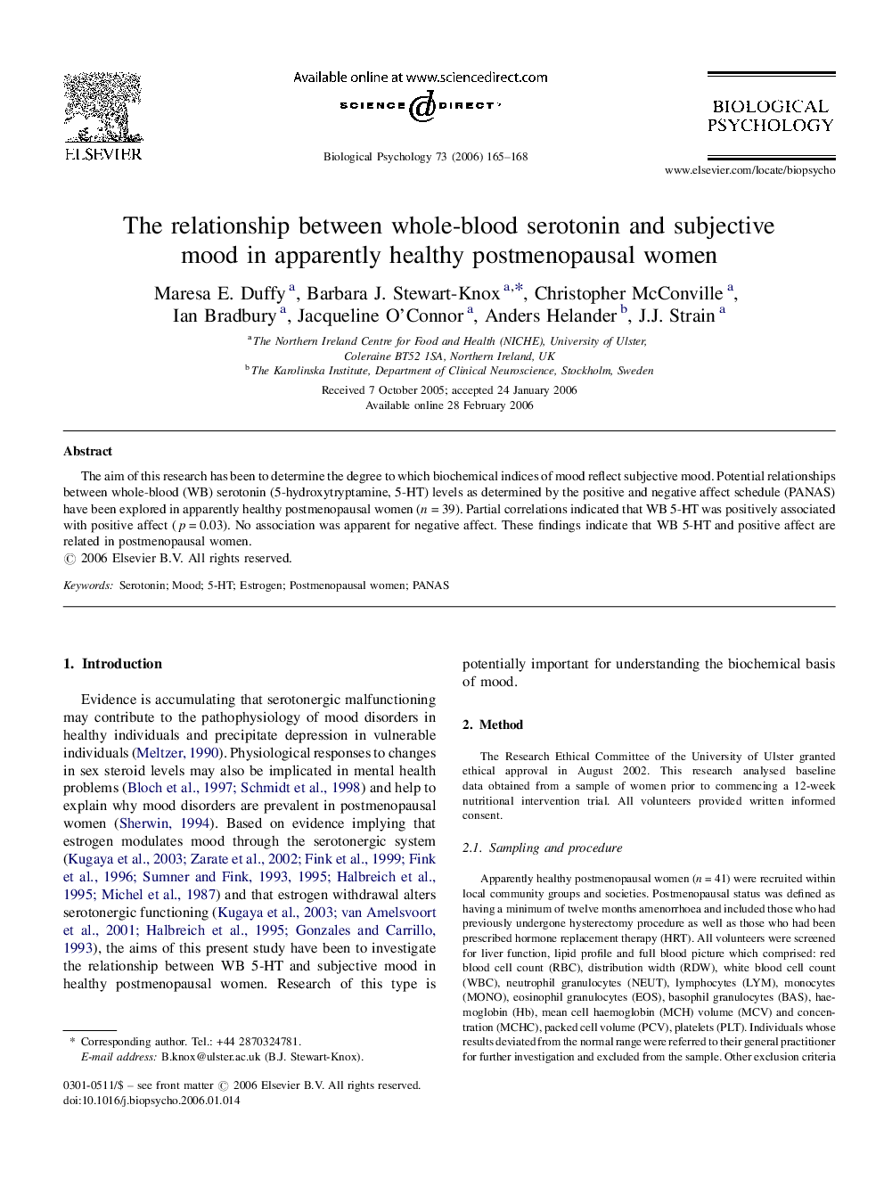 The relationship between whole-blood serotonin and subjective mood in apparently healthy postmenopausal women