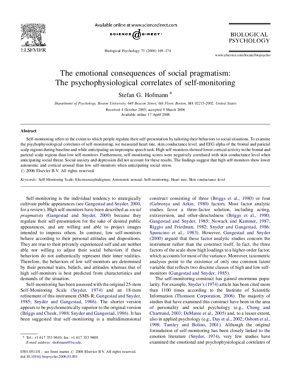 The emotional consequences of social pragmatism: The psychophysiological correlates of self-monitoring