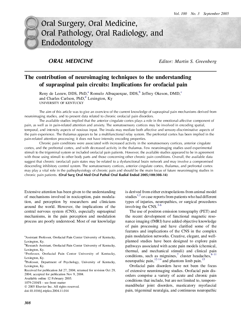 The contribution of neuroimaging techniques to the understanding of supraspinal pain circuits: Implications for orofacial pain