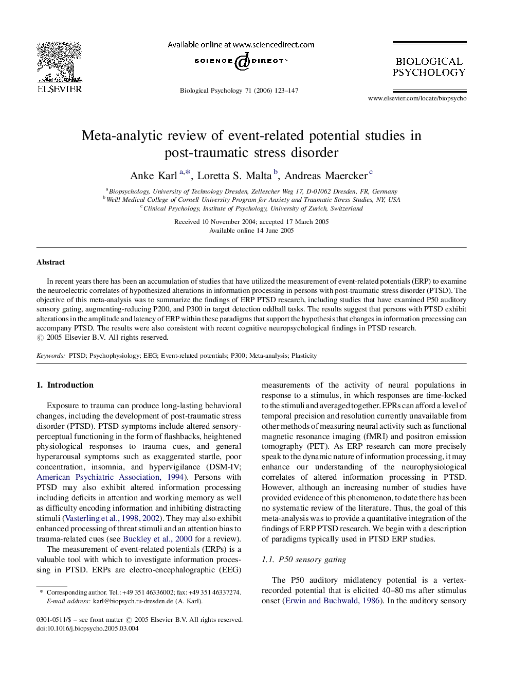 Meta-analytic review of event-related potential studies in post-traumatic stress disorder