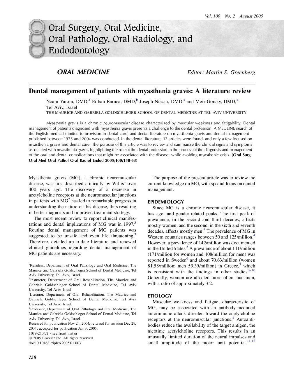 Dental management of patients with myasthenia gravis: A literature review