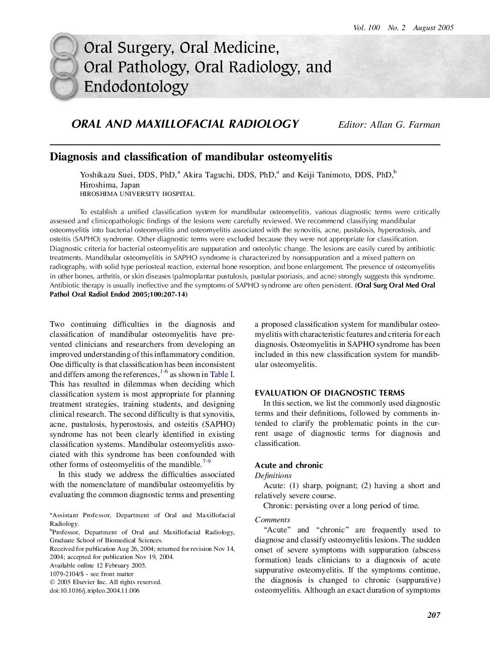 Diagnosis and classification of mandibular osteomyelitis