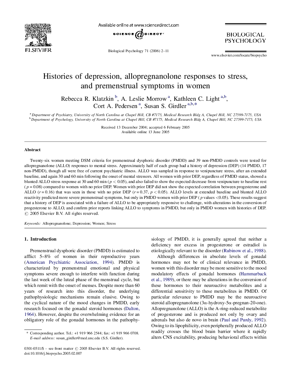 Histories of depression, allopregnanolone responses to stress, and premenstrual symptoms in women