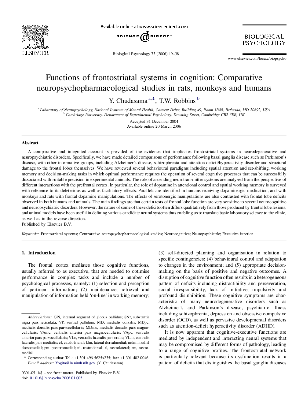 Functions of frontostriatal systems in cognition: Comparative neuropsychopharmacological studies in rats, monkeys and humans