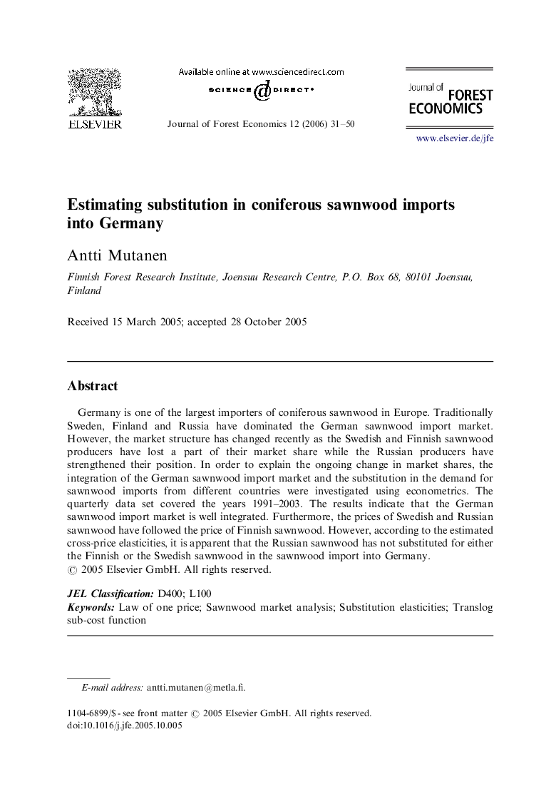 Estimating substitution in coniferous sawnwood imports into Germany