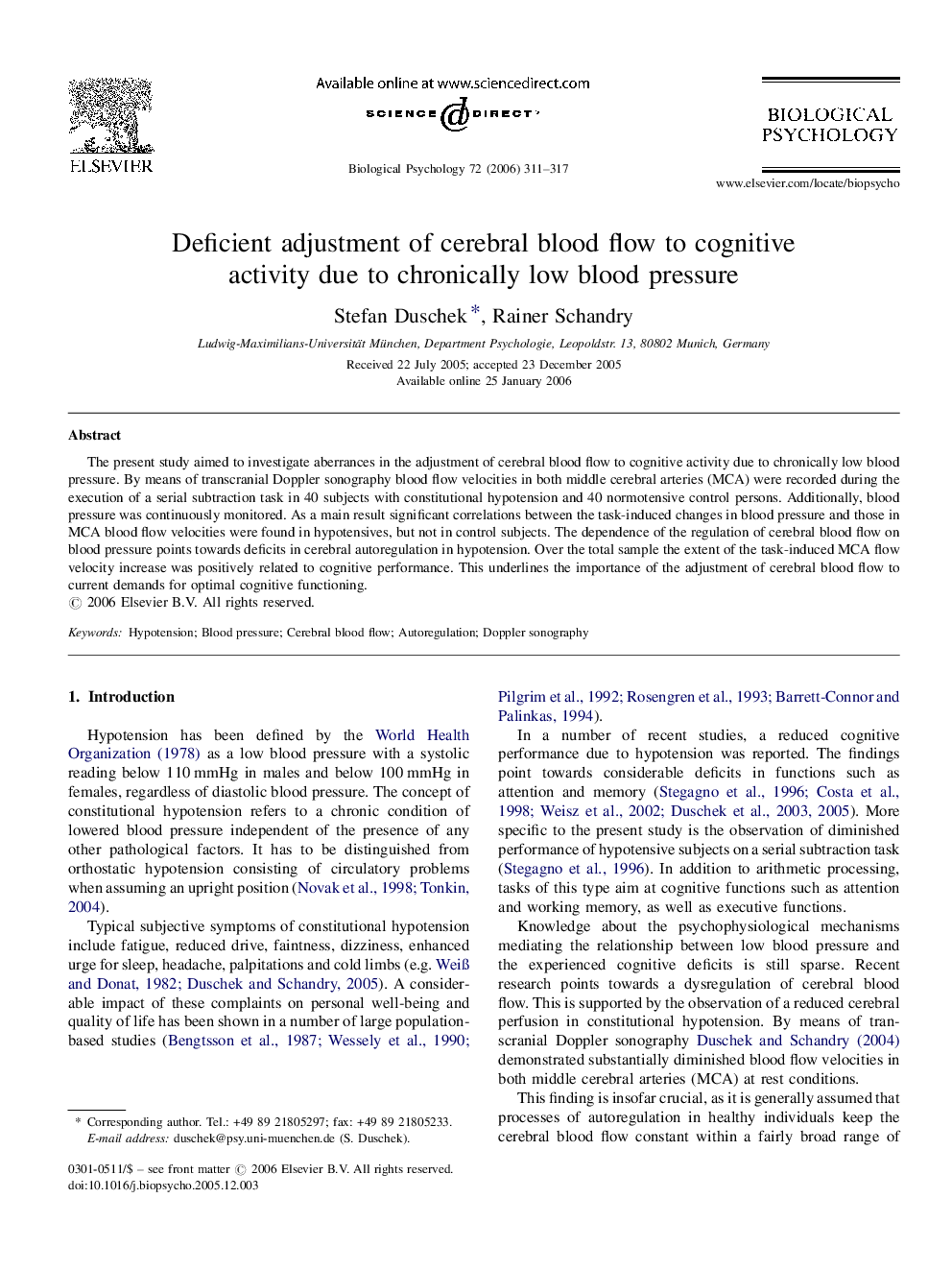 Deficient adjustment of cerebral blood flow to cognitive activity due to chronically low blood pressure