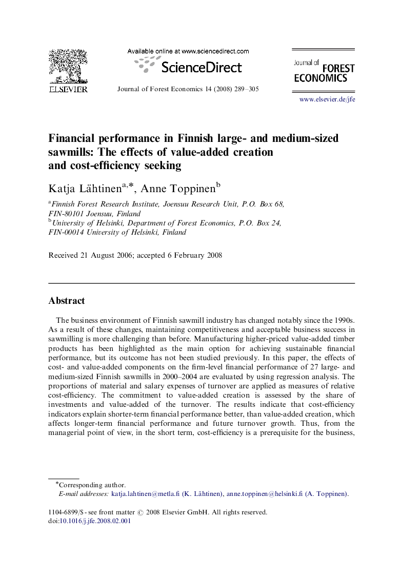 Financial performance in Finnish large- and medium-sized sawmills: The effects of value-added creation and cost-efficiency seeking