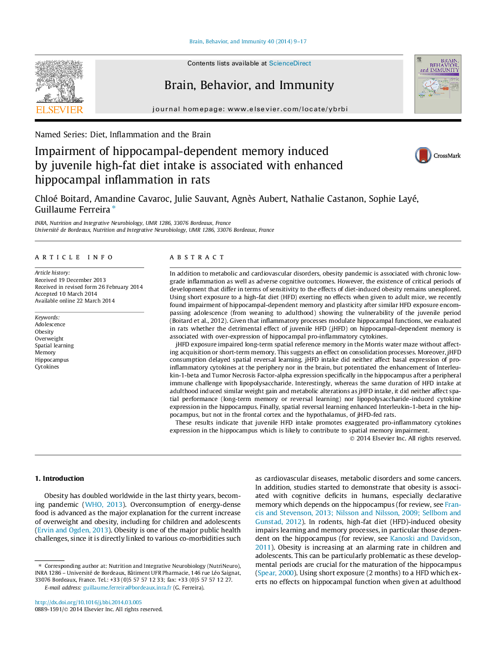 Impairment of hippocampal-dependent memory induced by juvenile high-fat diet intake is associated with enhanced hippocampal inflammation in rats