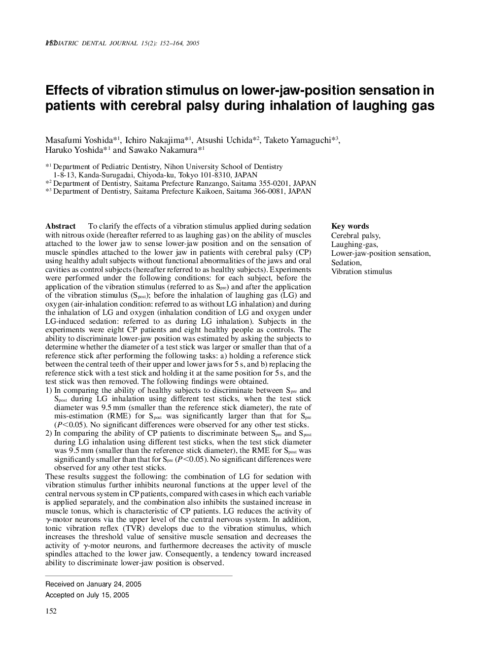 Effects of vibration stimulus on lower-jaw-position sensation in patients with cerebral palsy during inhalation of laughing gas