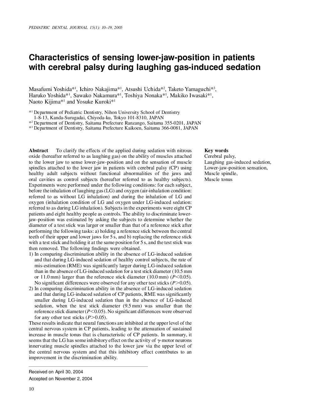 Characteristics of sensing lower-jaw-position in patients with cerebral palsy during laughing gas-induced sedation