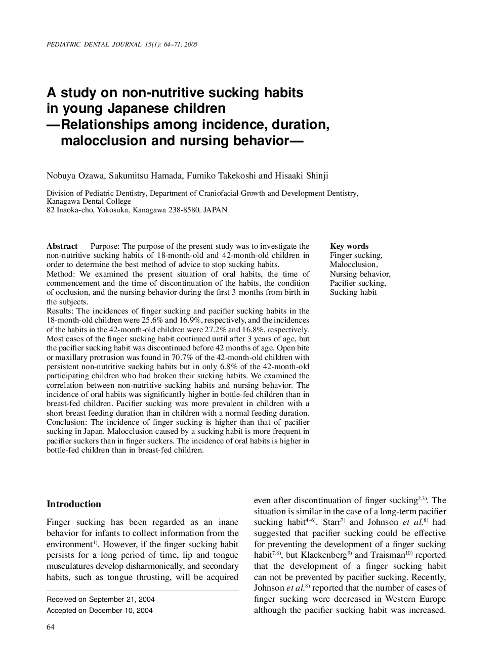 A study on non-nutritive sucking habits in young Japanese children -Relationships among incidence, duration, malocclusion and nursing behavior-