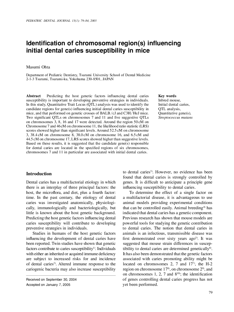 Identification of chromosomal region(s) influencing initial dental caries susceptibility in mice