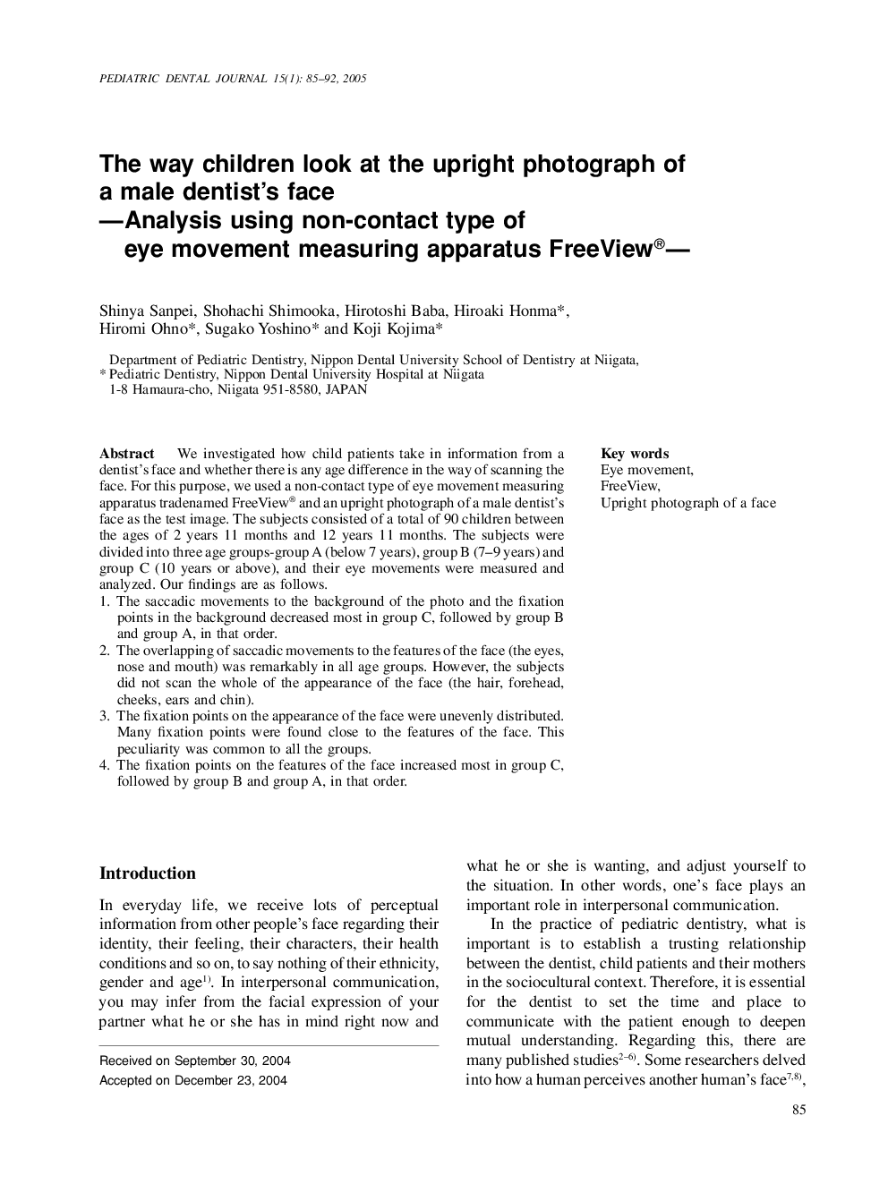 The way children look at the upright photograph of a male dentist's face -Analysis using non-contact type of eye movement measuring apparatus FreeView®-