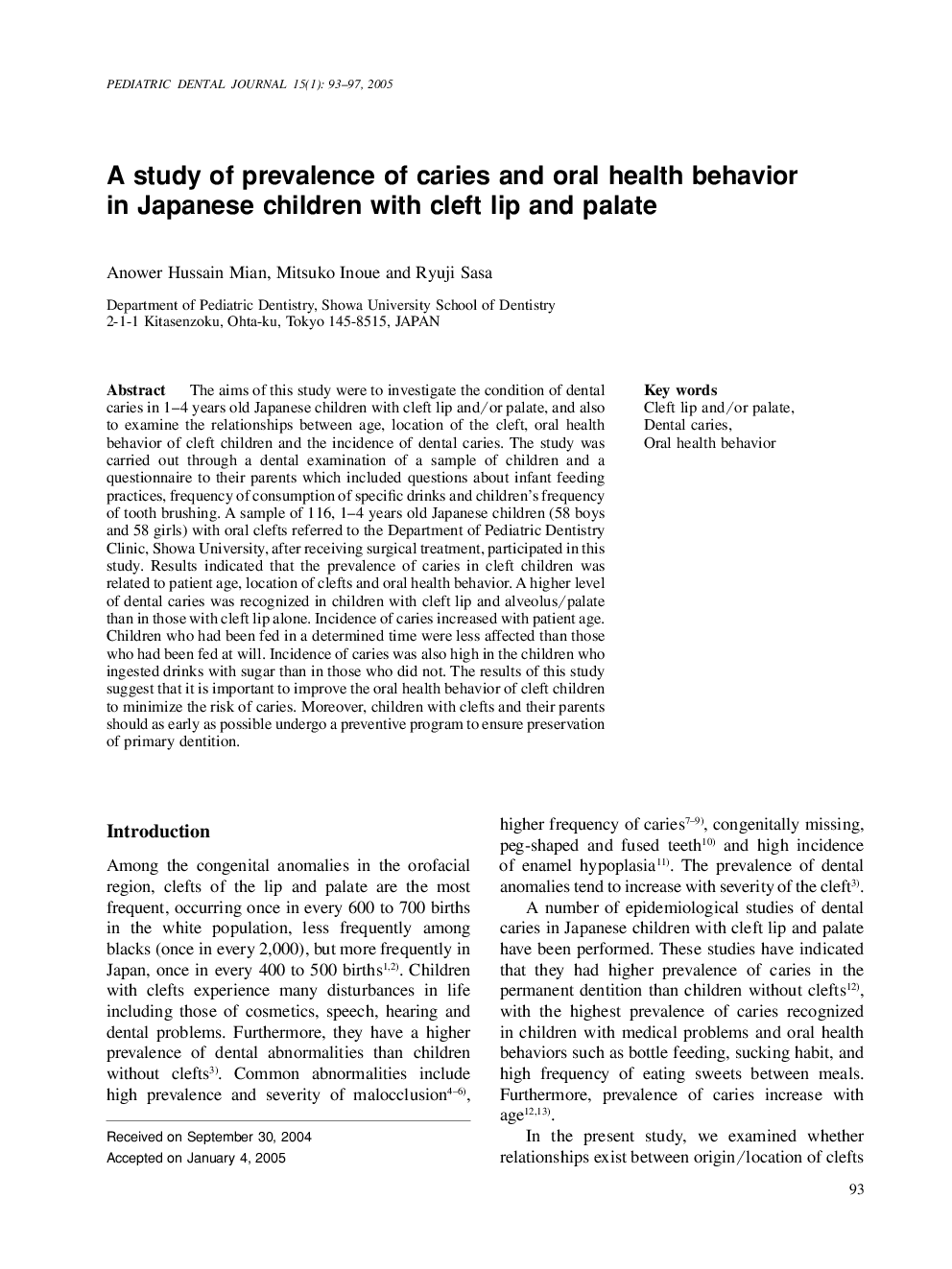 A study of prevalence of caries and oral health behavior in Japanese children with cleft lip and palate